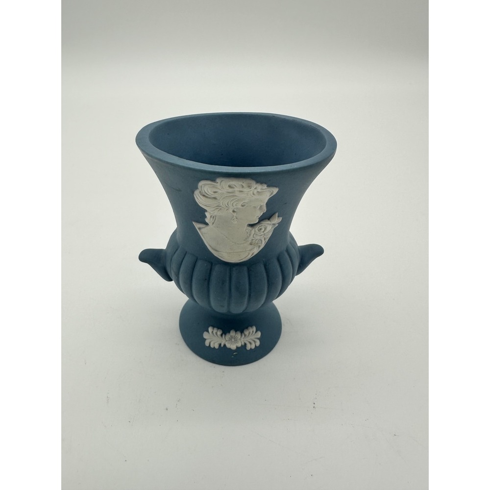 Wedgwood like Miniature Urn Vase Cameo Lady Blue 3.5"